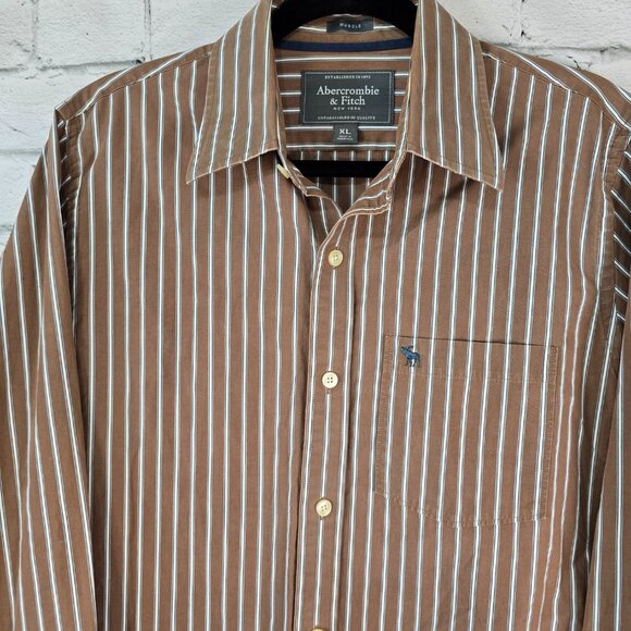 ABERCROMBIE AND FITCH MENS BUTTON DOWN LONG SLEEVE COCOA & WHITE STRIPE XL - Picture 5 of 7